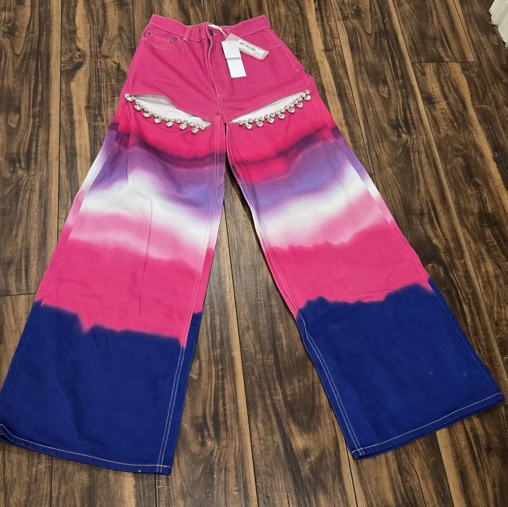 AREA Ombre Pink and Blue Tie-Dye Wide-leg Pants sz 25 - Picture 2 of 12